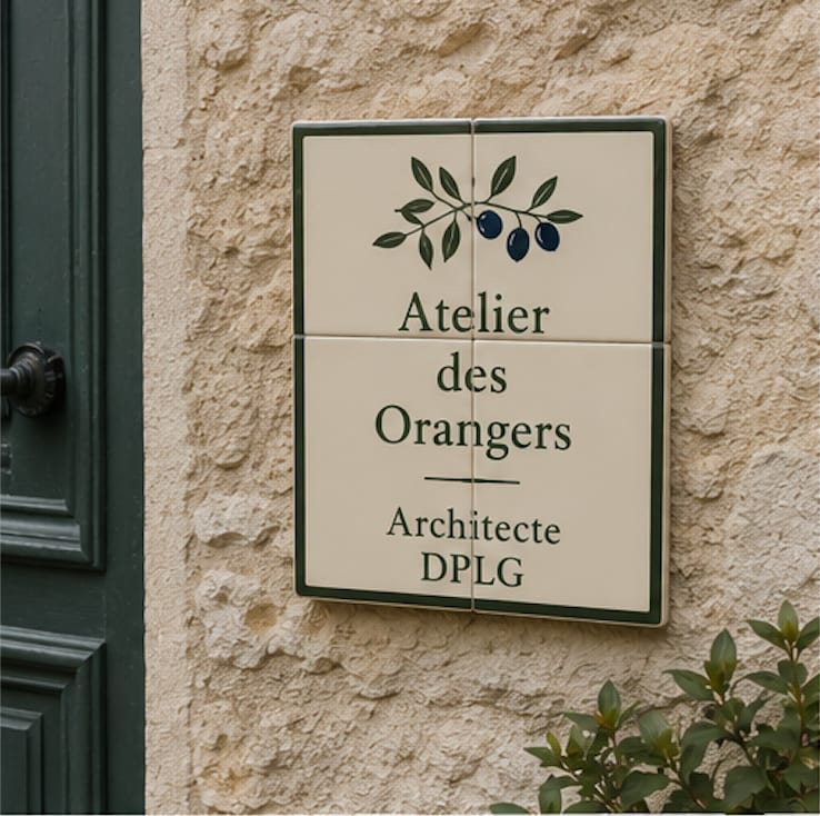 Plaque d’architecte en quatre carreaux de céramique, rameau aux olives bleues, mur de pierre