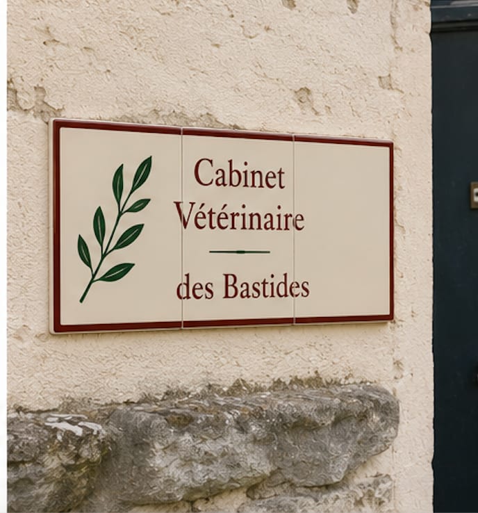 Plaque de cabinet vétérinaire en trois carreaux de céramique, rameau vert, cadre bordeaux, mur enduit