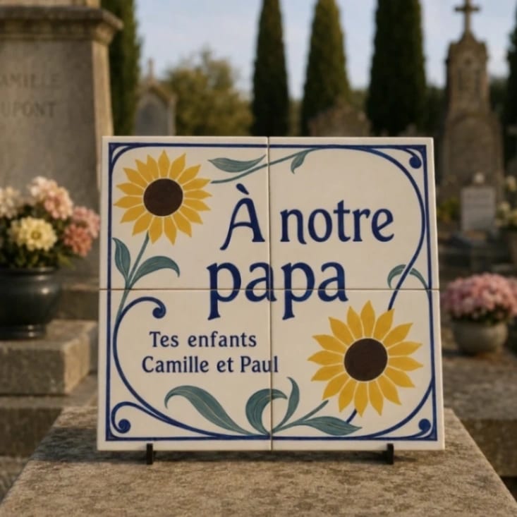 Plaque hommage « À notre papa » en quatre carreaux de céramique, tournesols et volutes bleues, dans un cimetière