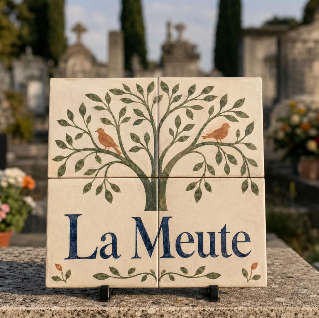 Plaque hommage « La Meute » en quatre carreaux de céramique peints à la main, arbre et deux oiseaux roux