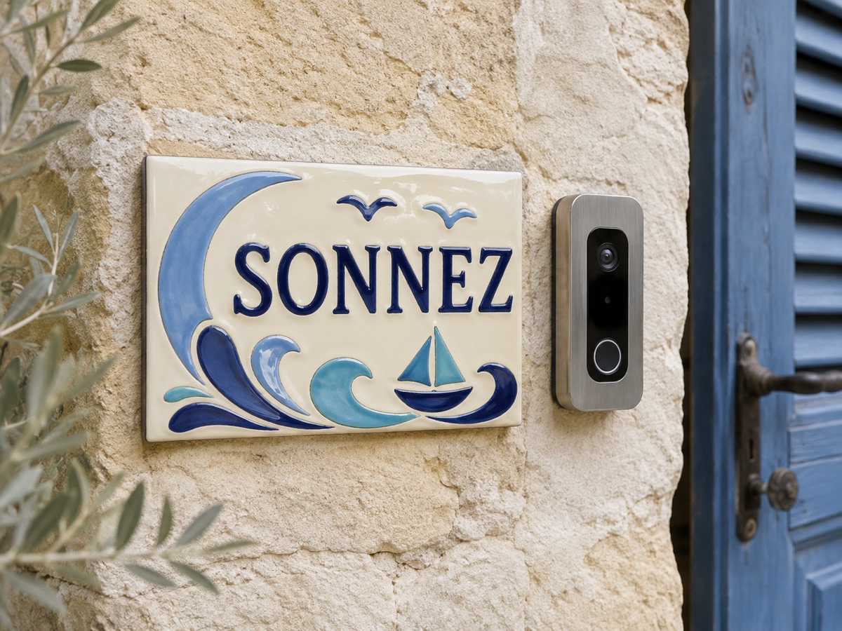 Plaque de sonnette « SONNEZ » en céramique, vagues bleues, voilier et mouettes, sur un mur de pierre
