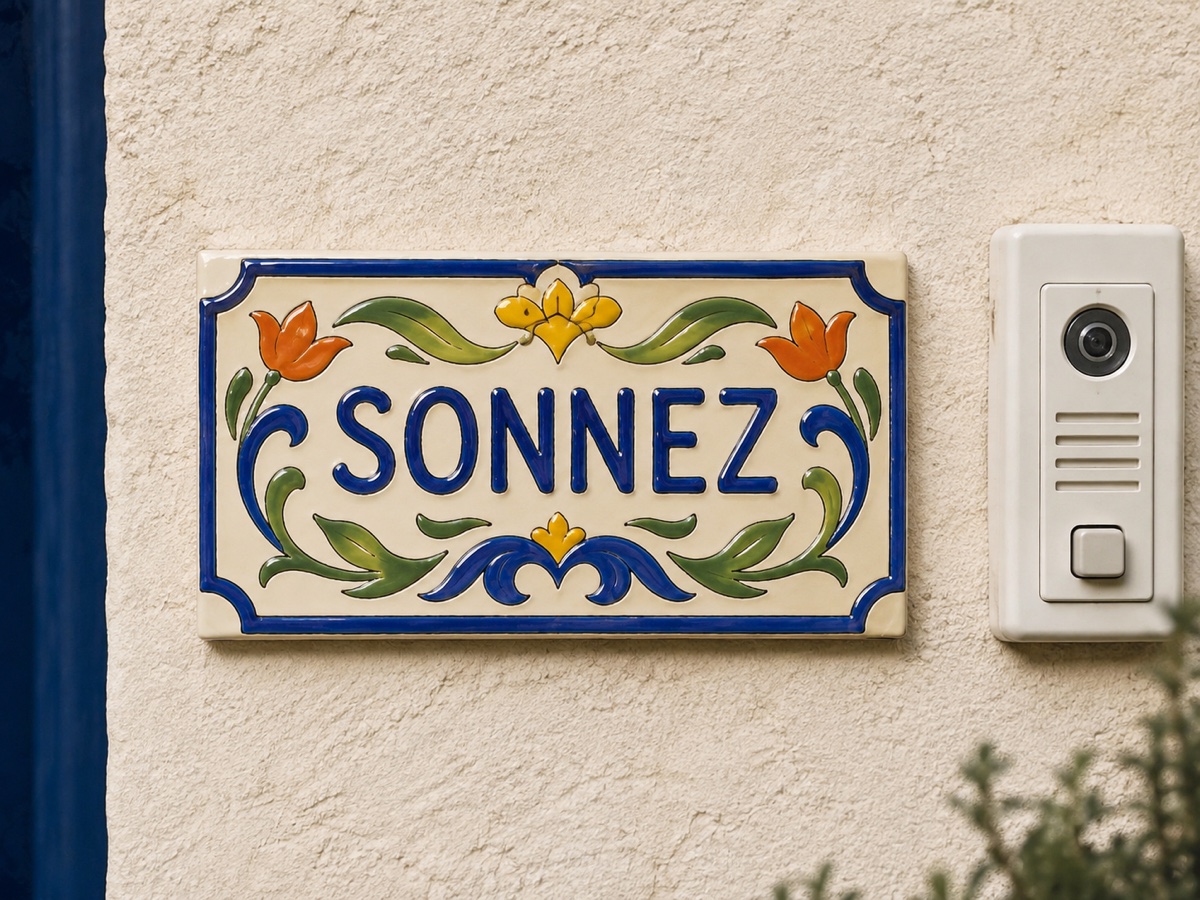 Plaque de sonnette « SONNEZ » en céramique, encadrement bleu et tulipes orange, à côté d’un interphone