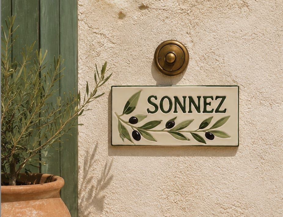 Plaque de sonnette « SONNEZ » en céramique, rameau d’olivier peint à la main, à côté d’un bouton en laiton sur un mur crépi