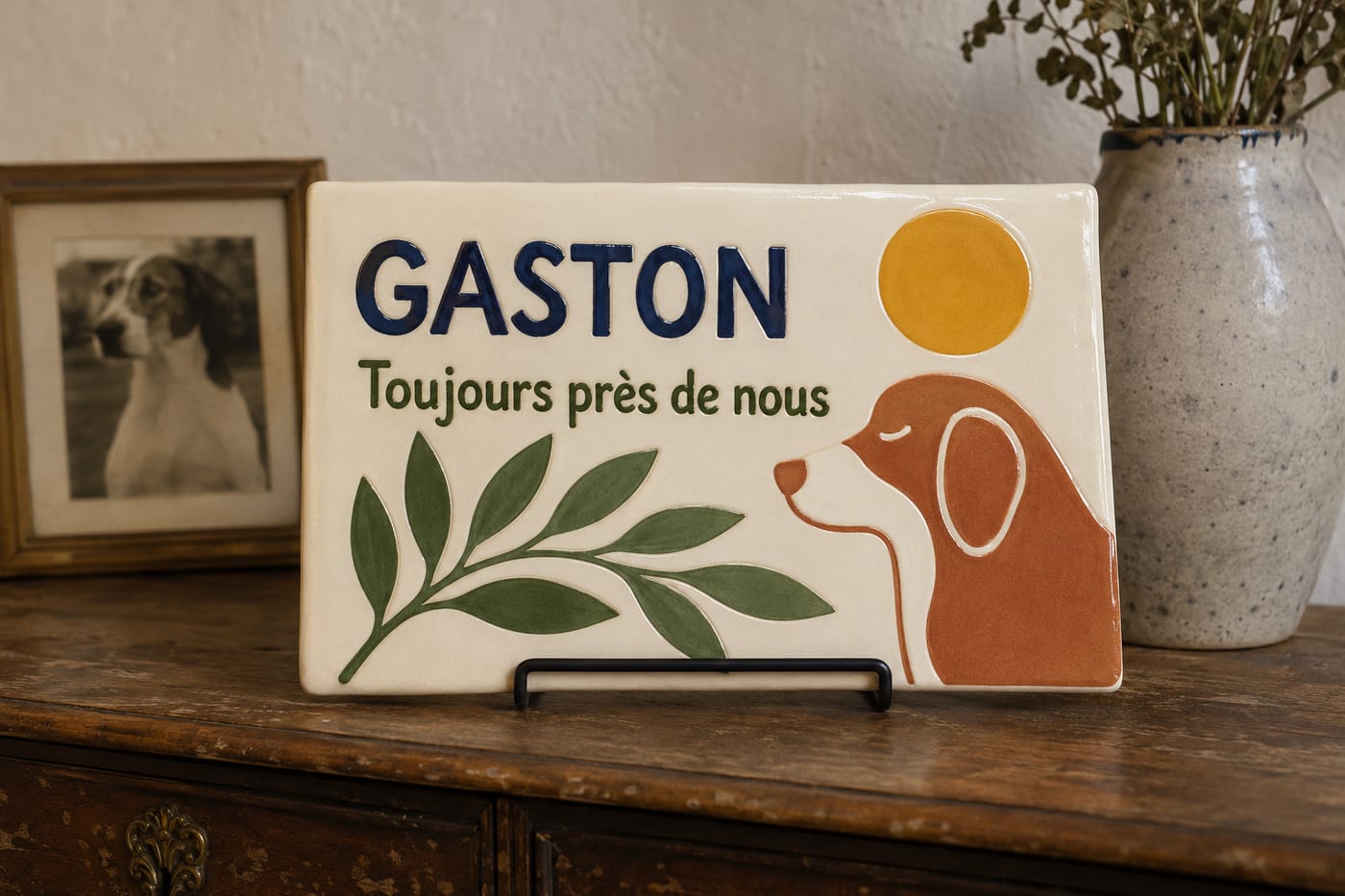 Plaque souvenir « Gaston » en céramique, « Toujours près de nous », chien roux de profil, branche et soleil jaune