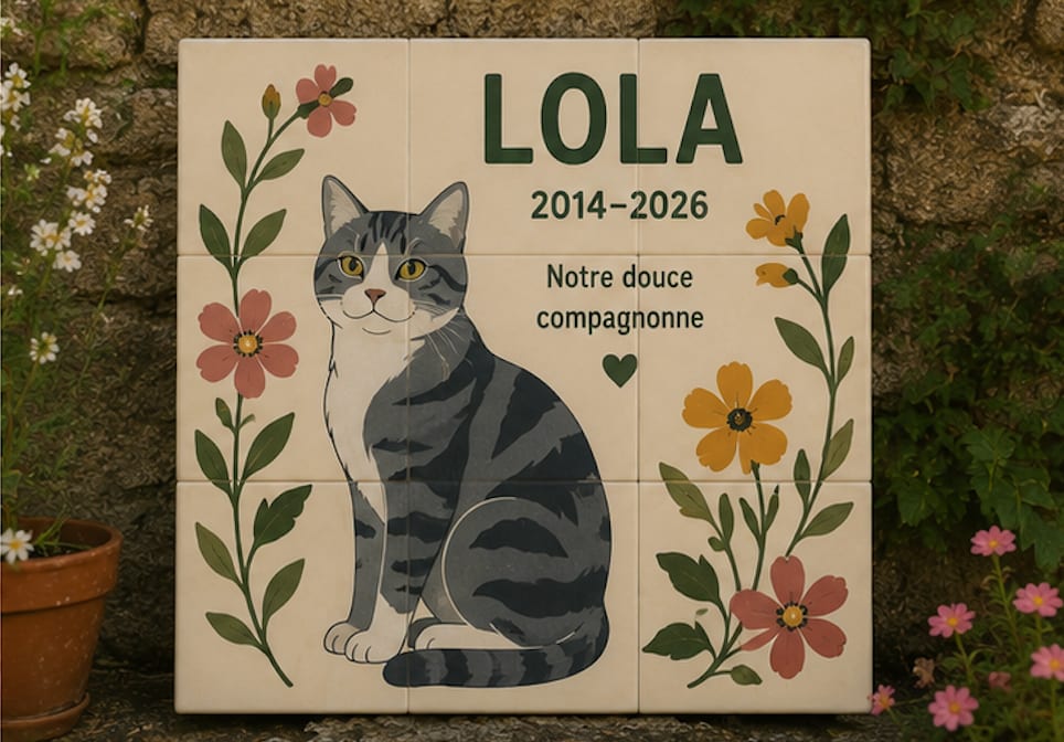 Panneau souvenir « Lola » en neuf carreaux de céramique, « 2014-2026 », « Notre douce compagnonne », chat tigré et fleurs