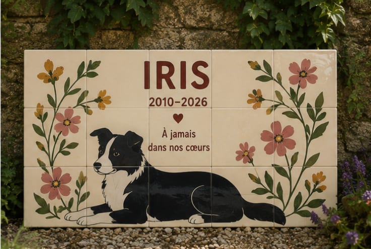 Panneau souvenir « Iris » en carreaux de céramique, « 2010-2026 », « À jamais dans nos cœurs », chien noir et blanc