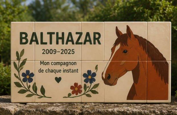Panneau souvenir « Balthazar » en carreaux de céramique, « 2009-2025 », « Mon compagnon de chaque instant », tête de cheval