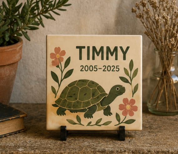 Plaque souvenir « Timmy » en céramique, « 2005-2025 », tortue verte et fleurs corail, sur un chevalet noir