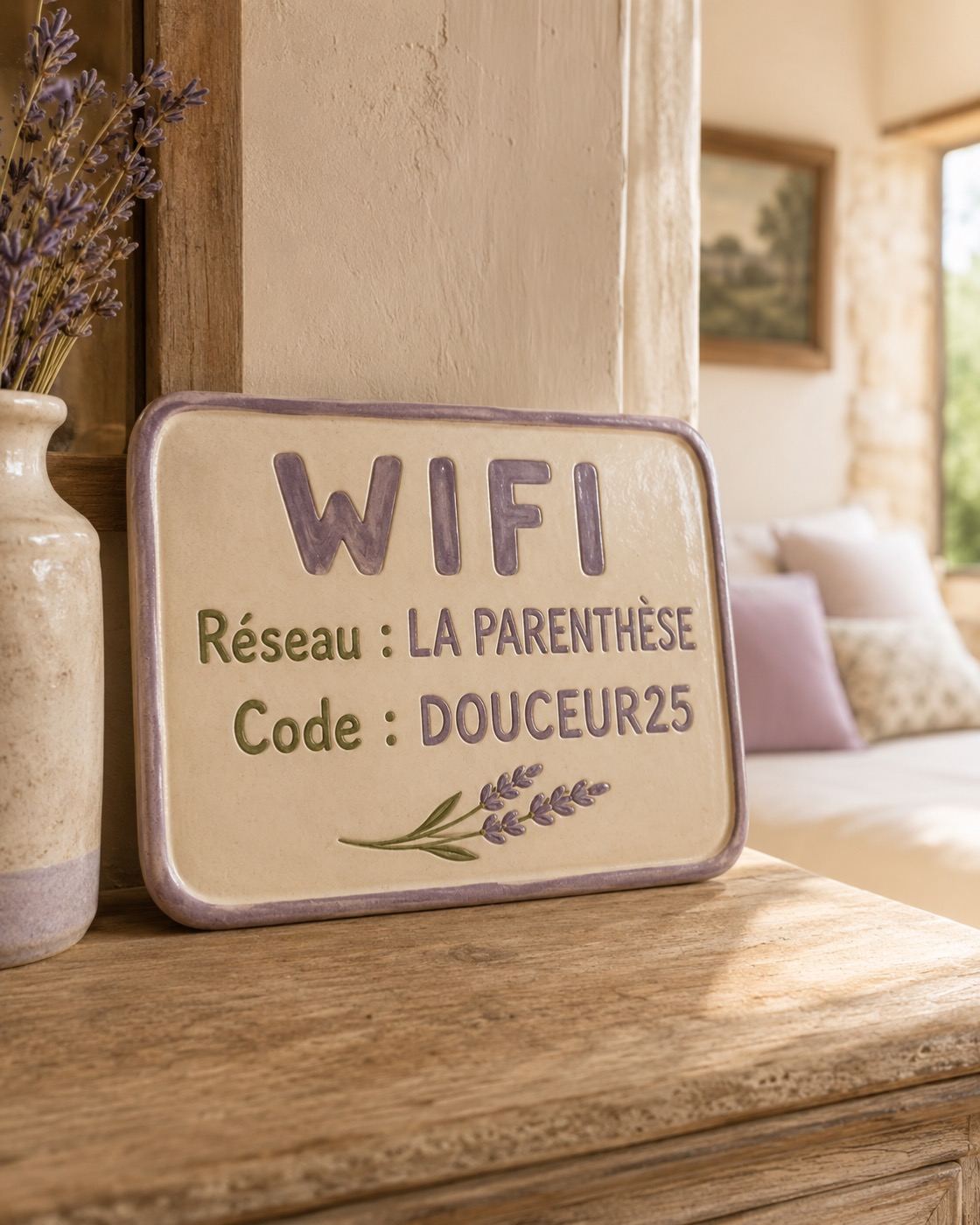 Plaque code WiFi en céramique émaillée à la main, vue 3 sur 4