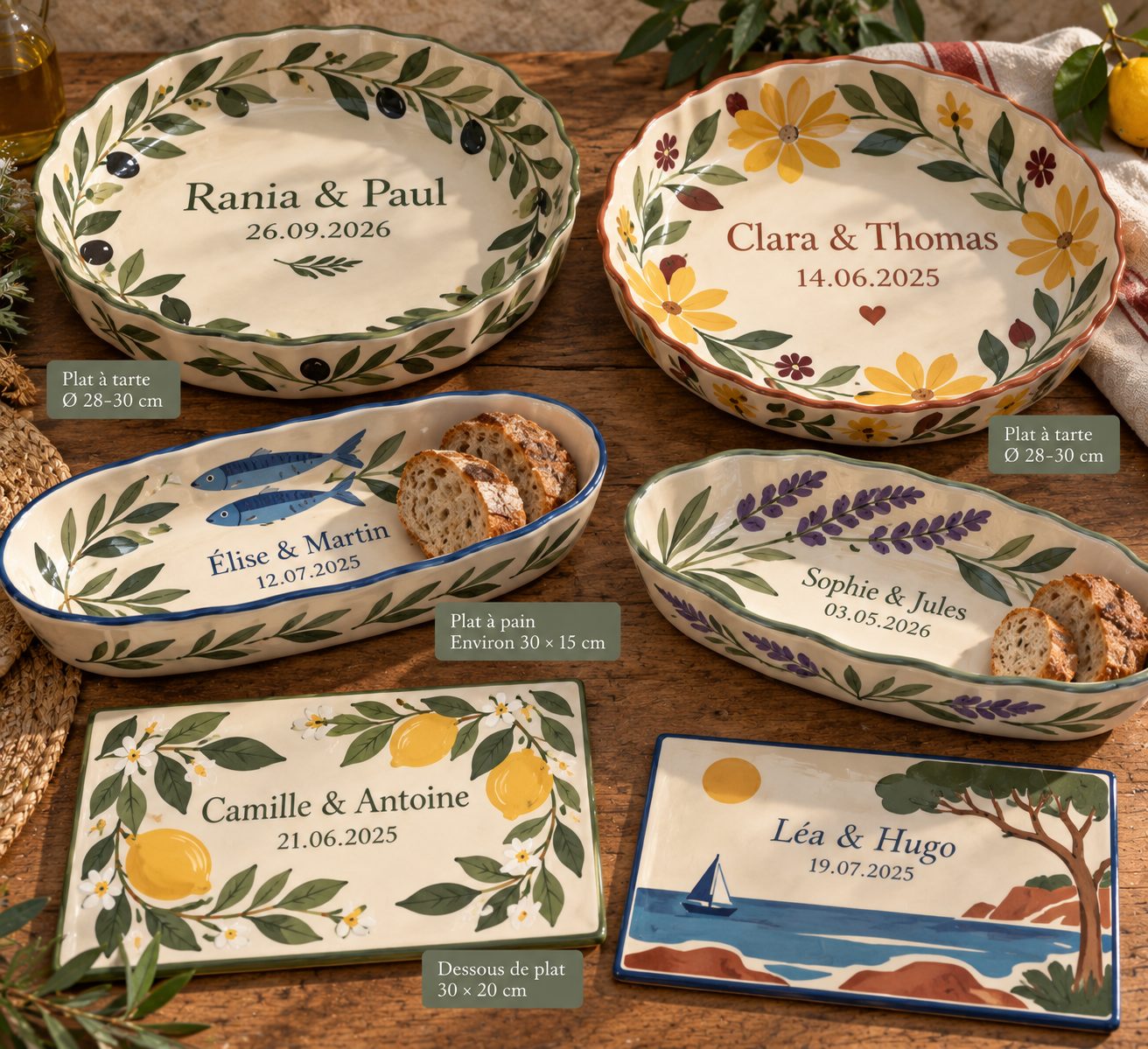 La gamme de vaisselle peinte à la main : deux plats à tarte de 28 à 30 cm, deux plats à pain d’environ 30 × 15 cm et deux dessous de plat de 30 × 20 cm