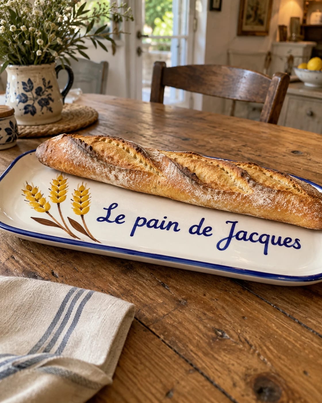 Une idée de plat à pain en céramique au prénom, trois épis de blé peints à la main et filet bleu, une baguette posée dessus, sur une table en bois