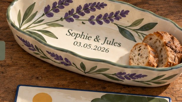 Plat à pain allongé « Sophie & Jules, 03.05.2026 », épis de lavande et feuillage d’olivier, tranches de pain posées dedans