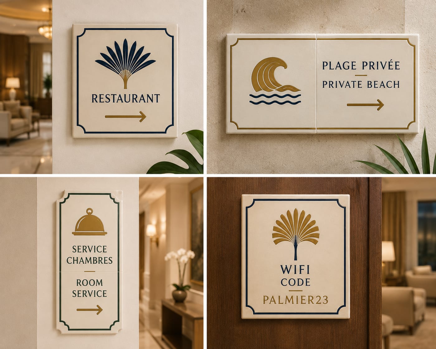 Quatre plaques de signalétique d’hôtel en céramique : Restaurant, Plage privée, Service chambres et Code Wi-Fi, pictogrammes palmier et vague