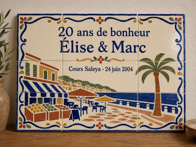 Fresque de noces de porcelaine (20 ans) en céramique émaillée à la main