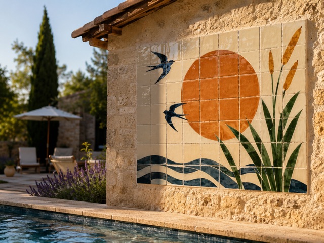 Décor mural de piscine en céramique émaillée à la main
