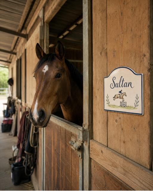 Plaque de box, nom de cheval en céramique émaillée à la main
