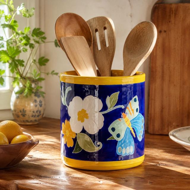 Pot à ustensiles de cuisine en céramique émaillée à la main