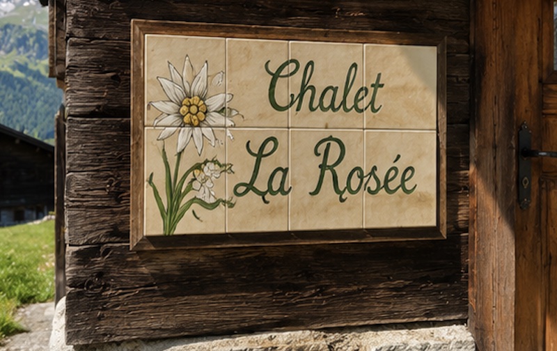 Keramikschild „Chalet La Rosée" mit handgemaltem Edelweiss, Chalet in der Schweiz