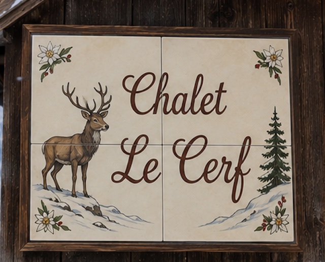 Keramik-Namensschild „Chalet Le Cerf" mit Hirsch und Edelweiss im Schnee, Schweizer Chalet